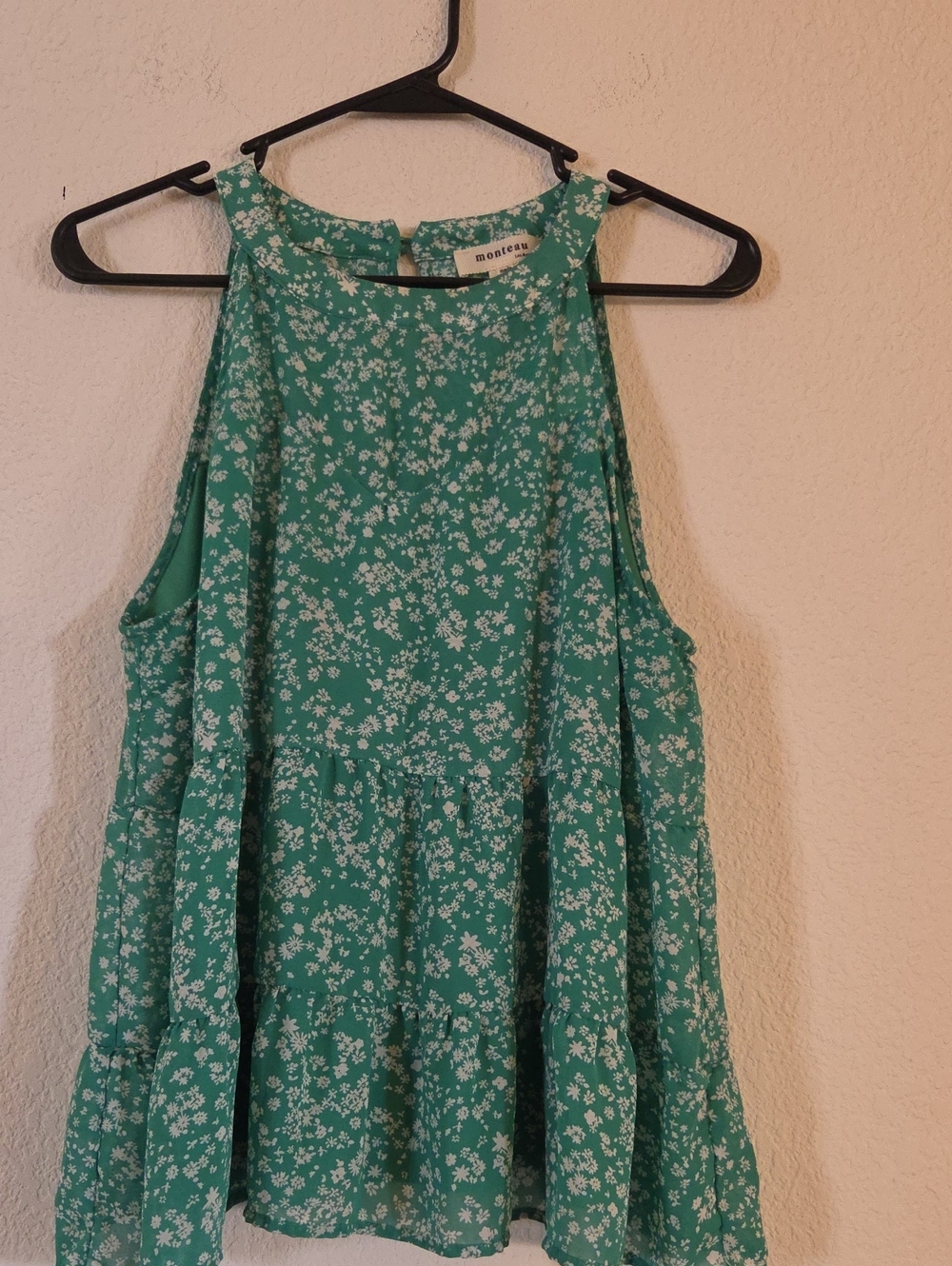 Monteau Teal Green Floral Tiered Halter Tank